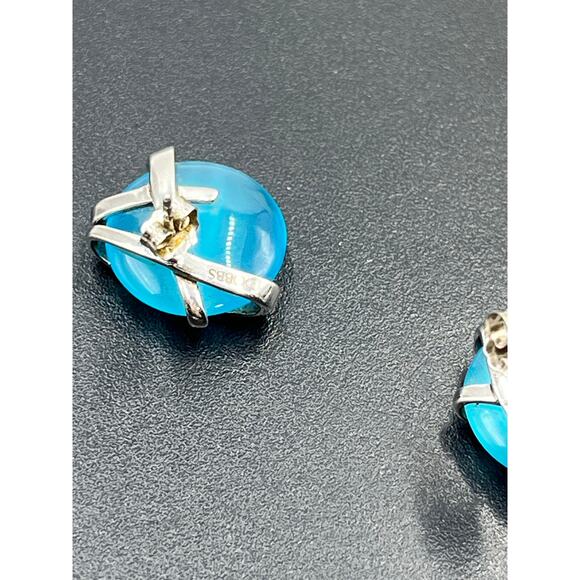 DOBBS 925 PE Sterling Silver Blue Stone Cabochon Pierced Earrings Vintage 5/8" - Picture 12 of 16